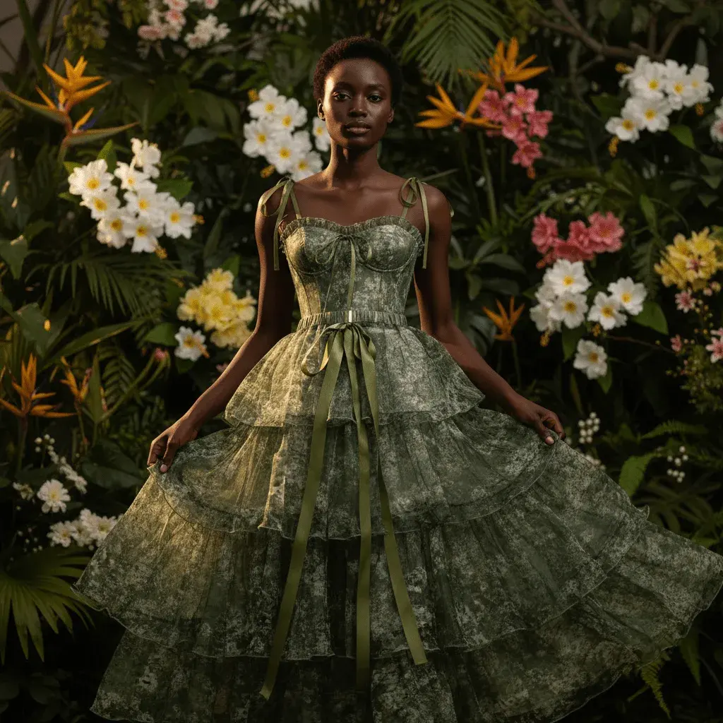 Illustrative generated dress image in a garden