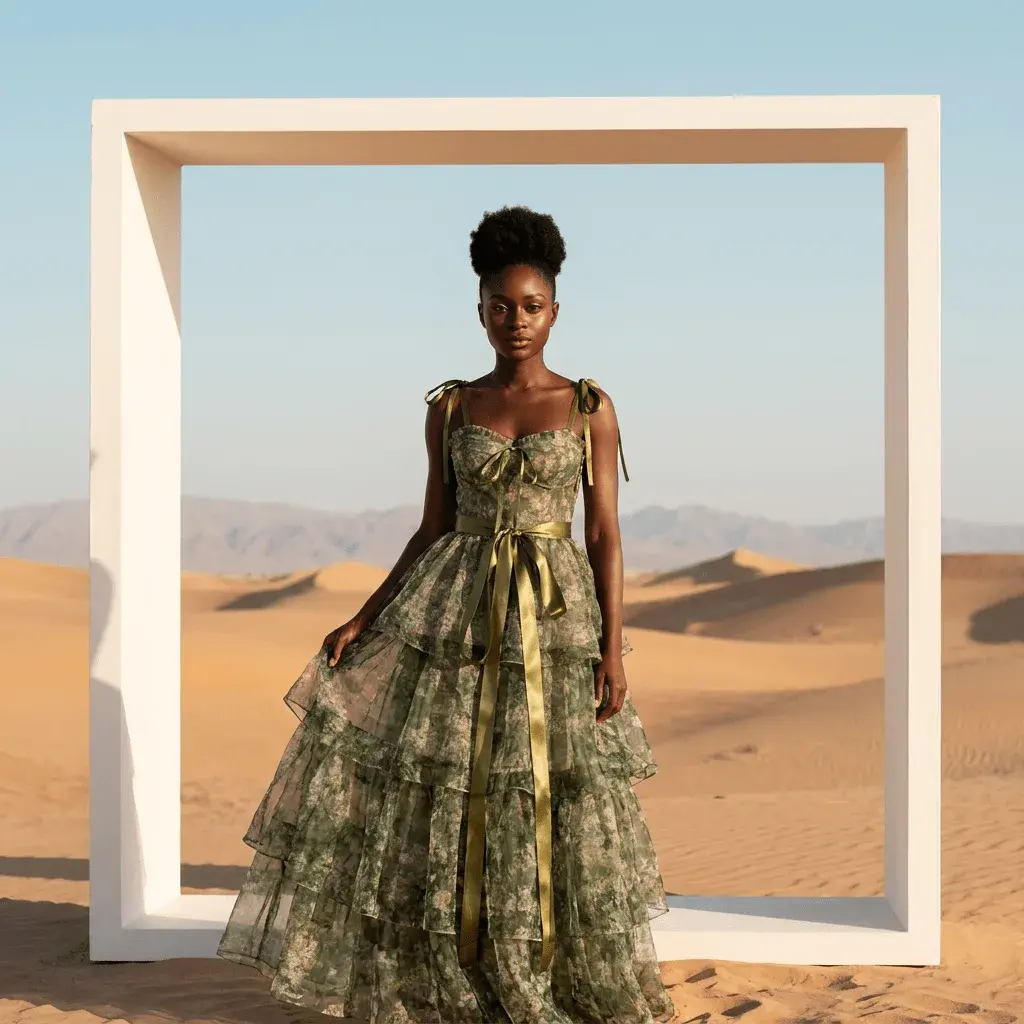 Virtual model in a floral dress framed by a sculptural arch in the desert
