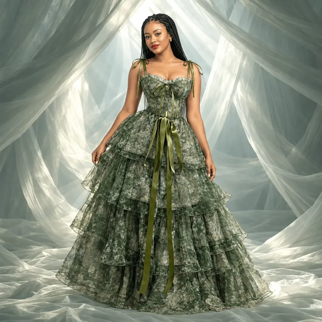Virtual model wearing the green floral gown against flowing studio drapes