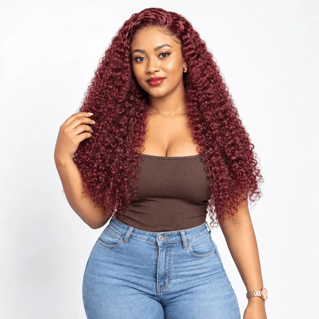 Realistic virtual model showcasing a burgundy curly hair product
