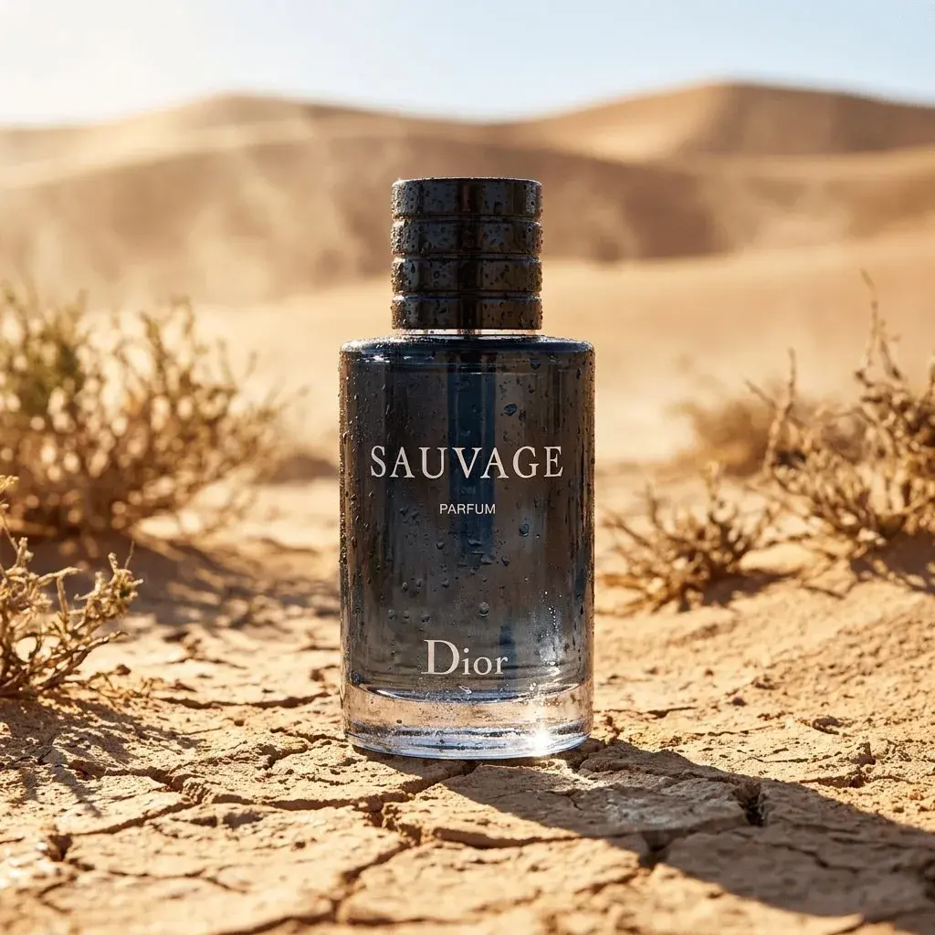 Perfume bottle staged in a sunlit desert setting